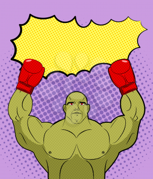 Green big Boxer Monster pop art with an empty bubble text. Goblin Winner, champion Galaxy MMA boxing. Vector Retro illustration comics.