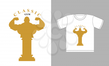 Classic Gym logo. Bodybuilder silhouette and an ancient Greek column. Emblem on  shirt for Sports Club members. Torso of an athlete with big muscles on Roman column. Vector illustration