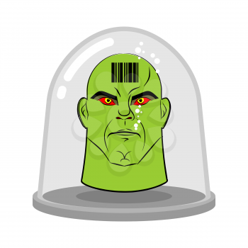Head of alien in glass jar for experiments. Green humanoid with red eyes. Research of  future. Lab exhibit. Fantastic vector illustration.
