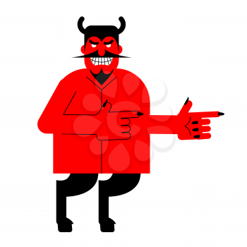 Devil indicates. Red demon with horns and hoofs. Satan with beard.