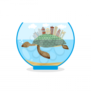 Mini city on shell of turtle. Micro ecosystem in an aquarium. Skyscrapers and public buildings on sea animal. Tiny residential quarter.