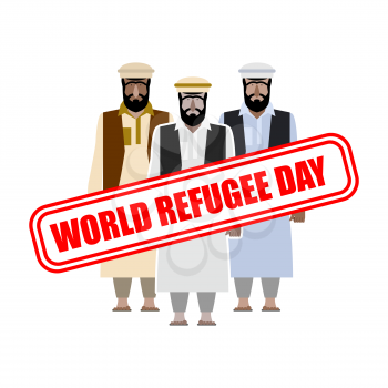 World refugee day. Expatriates in  Syrian garments. refugee stamp on people.