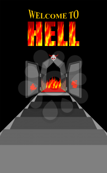 Welcome to hell. Stairway to hell. Iron black gates of  Fiery purgatory. Door to devil, Satan. Stairs in Dungeon. Descent into deep dark cave. Vector illustration on religious subjects. Door is decora