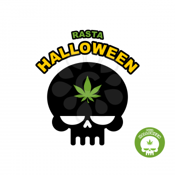 Skull with marijuana, cannabis. Rasta Halloween. Print logo for  dreaded holiday.
