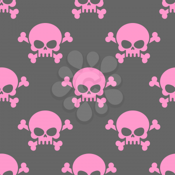 Pink skull on a grey background seamless pattern. Head of  skeleton and bones. Vector ornament for Halloween.
