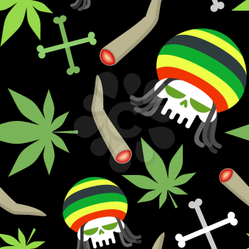 Rasta pattern. Seamless background from marihuanny and skull. Smoking dope and bones of skeleton. Vector background
