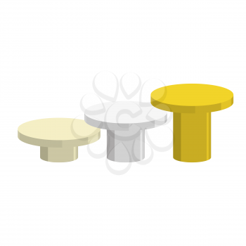 Sports Round pedestal fo winner. Prizes for achievement. Empty podium on a white background. Stairs in golden, silver and bronze color.
