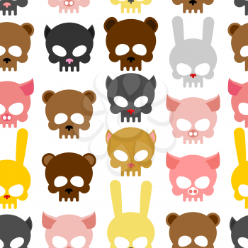 skulls animal seamless pattern. Background for Halloween. Snout bear and a pig. Skull rabbit and cat. Head skeleton pets
