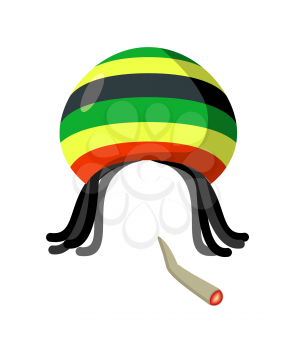 Rasta Cap with dreadlocks on white background. Spliff  smoking drug cannabis. Jamaican Hat
