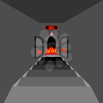 Gate to hell. Open  Fiery gate of purgatory. Door to hell. Entrance to devil. Stairs in Dungeon. Vector illustration on religious subjects