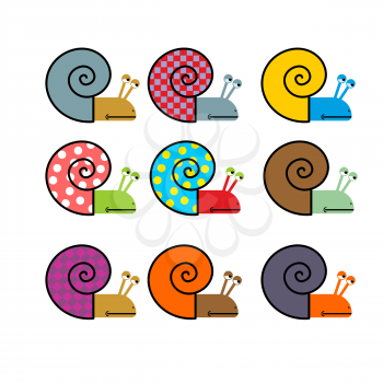 Set of snail with colored shell. Vector illustration
