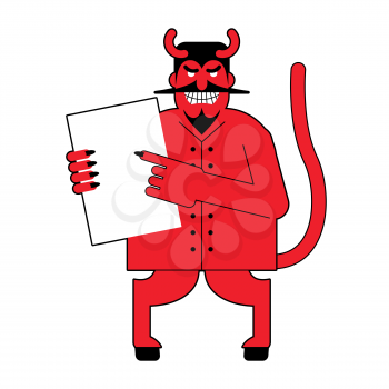 Devil and  contract.  Scary Mephistopheles offers deal to sign in blood. Red Satan offers to sign document. Horned Lucifer holds clean white sheet. Beelzebub with goat legs offers to sell his soul.