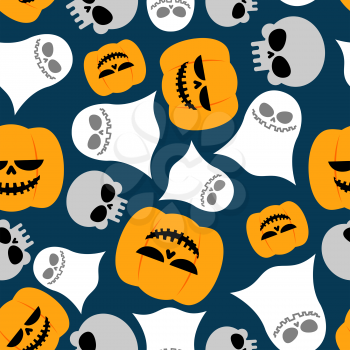 Pumpkin, Ghost and skull seamless pattern. Vector backgrounds for Halloween. Texture for holiday Beggars Night
