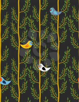 Birds on trees seamless pattern. Vector  background of forest with birds on branches. Night forest
