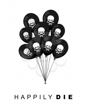 Happily Die. Set of Black balloons for funeral party. Skull with bones. Vector illustration. Mournful postcard