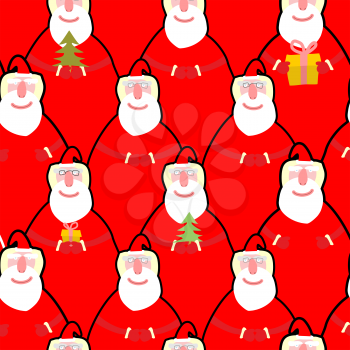 Santa Claus seamless pattern. Vector background for new year. Many grandfather with beard with Christmas tree and presents gift. Ornament holiday fabric. Endless background for Christmas.