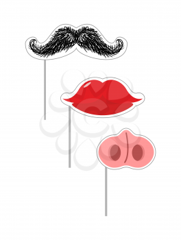 Carnival mask set. Vector illustration Fake Mustache and lips. Nose of a pig on a stick. Mustache on a stick. Funny holiday accessories
