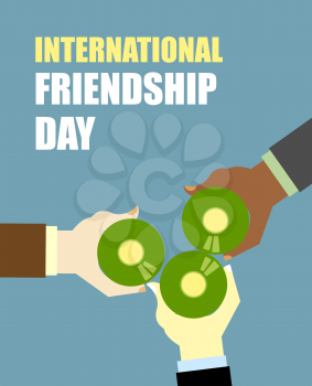 International Friends Day. Friends drinking beer. Top View Clink of beer bottles. Vector illustration for International holiday.