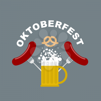  Oktoberfest logo. Beer mug with foam. Fried sausages and fork. Pretzel, beer snack. Vector Emblem for Beer Festival in Germany. Traditional food and alcohol.
