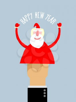 Happy new year. Businessman hand manipulation Doll arm Santa Claus. Vector illustration Greeting card.
