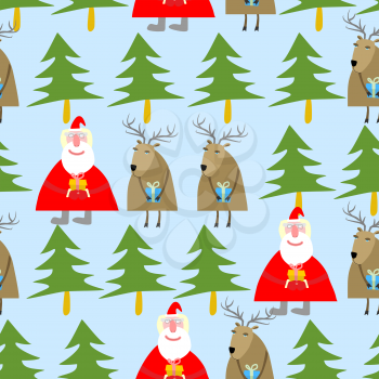 Seamless Christmas pattern. Santa Claus and reindeer with gifts in a winter forest of trees. Holiday background
for new year
