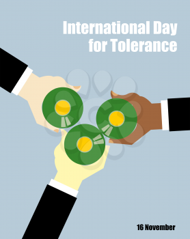 International Day for Tolerance. Toasting with beer. People of different races drinking beer. View from top. Hand holding a bottle of beer. Vector poster for holiday. Clink beer