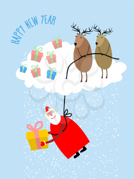 Santa Claus comes down on a rope and gives a gift. Deer on cloud cover Santa Claus. Snow from clouds. Christmas greeting card. Vector illustration for Christmas.