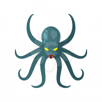 Angry Octopus. Horrible sea monster with tentacles. Vector illustration of green clam with yellow eyes. Kraken underwater animal
