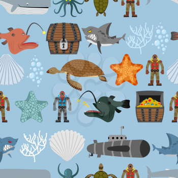 Ocean life seamless pattern. Shark and  sea turtle, submarine and diver. Chest pirate treasure and  whale. Scallops and coral on  blue background. Vector retro pattern of underwater life.