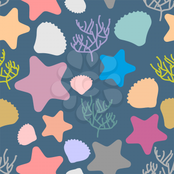 Marine seamless pattern. Colored silhouettes of marine life. Scallops and starfish. Vector background.