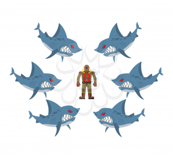 Angry sharks surrounded man in old diving suit. Fear, hopeless situation. Farted with fear go bubbles. Vector illustration business allegory