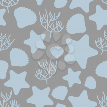 Underwater world seamless pattern. Silhouettes of marine life: starfish and Scallop and Corals on  grey background. Vector retro fabric ornament.