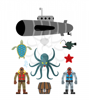 Marine set symbol. Divers and treasure chest. Octopus Cthulhu and submarine. Water turtle and starfish. Underwater inhabitants on a white background. Vector illustration