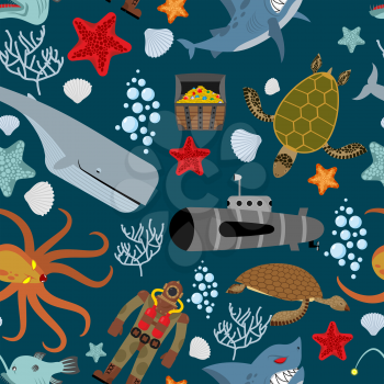Marine seamless pattern. Inhabitants of  ocean. Keith and aquatic turtle. Diver and submarine. Corals and starfish. Treasure chest and angry shark. Kraken Octopus. Vector background.