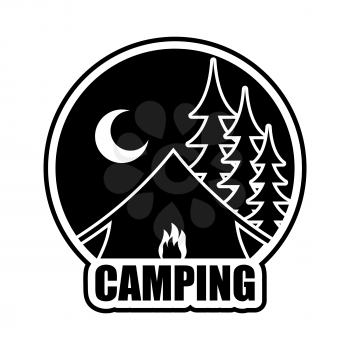 Night Camping logo. Emblem for accommodation camp. Landscape with tent and forest. Moon and Bonfire of booth
