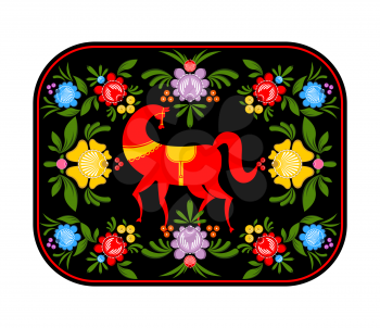 Gorodets painting red horse and floral elements tray. Russian national folk craft. Traditional decoration painting in Russia. Flowers and leaves texture. Retro ethnic decor
