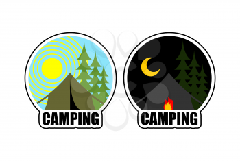 Camping logo day and night. Landscape with tent and forest. Emblem Accommodation in camp. Sun and moon. Fire at booth
