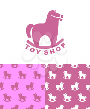 Toy Shop logo rocking horse. Set emblem and pattern for childrens store. Kidss toy hoss apples. vintage fun. Retro plaything
