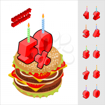 Discounts birthday when buying hamburger. Candles and figures for sales. Reducing cost of burger on day of birth. Fast food and rooms set isometrics
