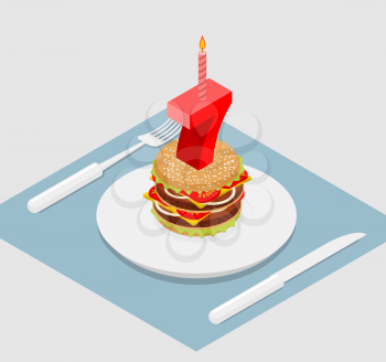 7 years birthday celebratory burger. Number seven with candle. Burger anniversary celebration. Festive fast food. Happy holiday birthday
