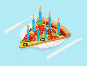 Birthday Pizza with candles isometrics. Fast food for Festive. Cutlery knife and fork. holiday meal