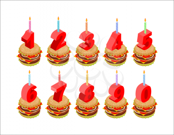 Burger and birthday candles numbers set. Holiday burger isometrics. Fast food for holiday. Numbers cartoon style. Set of rooms for birthday
