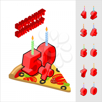 Discounts for birthday when buying pizza. Candles and figures for sales. Reducing cost of fast food on day of birth. Pizza and set of isometric numeral
