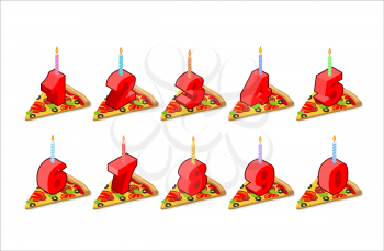 Pizza and  birthday numbers candles set. holiday pizza slice isometric. Fast food for feast. Numbers cartoon style. Dialling for anniversary
