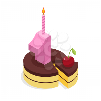 1 year birthday. Cake and Candle isometrics. Number one with candle. Celebration of anniversary pie. Piece of festive chocolate cake and cherry. Cheerful celebration