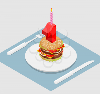 1 year birthday burger. Number one with candle. holiday Hamburger anniversary celebration. Festive fast food. Happy festive
