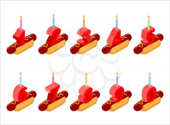 Hot dog and birthday numbers candles. Birthday fast food isometrics. Hotdog for holiday. Numbers cartoon style. Set anniversary digits
