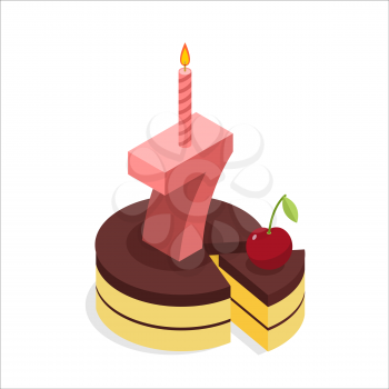 Birthday 7 years. Cake and Candle isometrics. Number seven with candle. Celebration of anniversary cake. Piece of festive chocolate pie and cherry. Cheerful celebration
