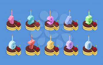 Birthday number candles and cake set. Celebratory chocolate pie with cherries. Piece of dessert  isometrics. Set of numbers for anniversary
