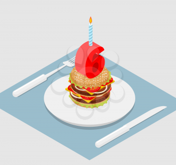 6 years birthday burger. Number six with candle. Burger anniversary celebration. Festive fast food. Happy holiday 
